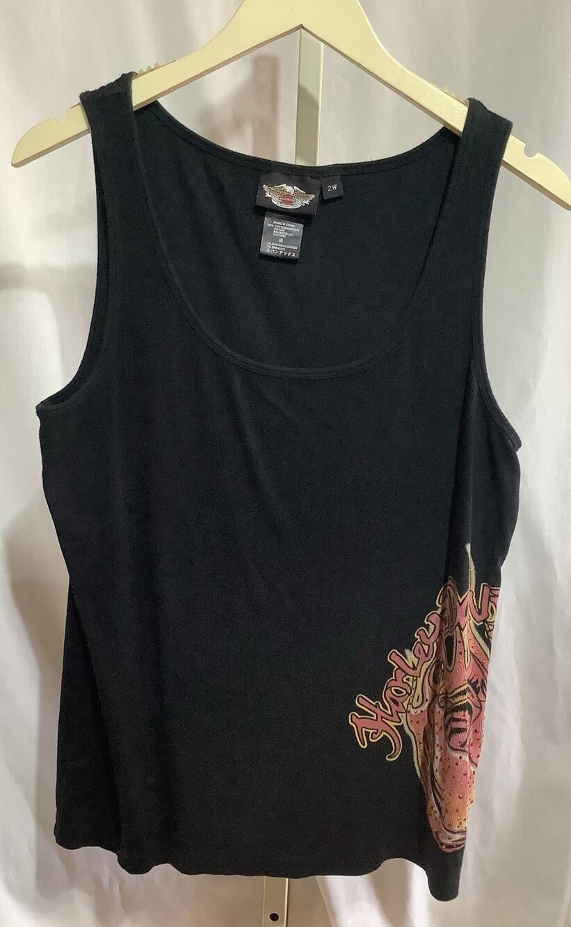 Harley Davidson Tank Top Womens 2W Black Rhinestone Rose Graphic Cami Shirt